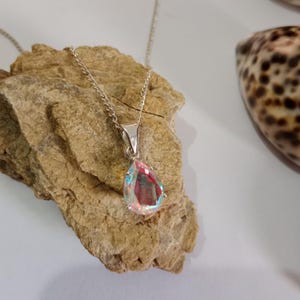 Mystic Aura Quartz Teardrop Necklace: Iridescent Sterling Silver Pendant