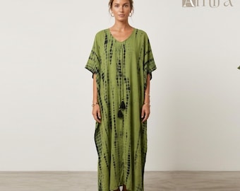Green Tie-Dye Cotton Kaftan Dress – Bohemian Beach Cover Up, Oversized Resort Wear