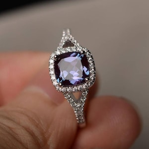 Alexandrite Halo Ring - 925 Sterling Silver Engagement Ring - Color Changing Gemstone Ring -Wedding Ring - Statement Ring - Gift For Her