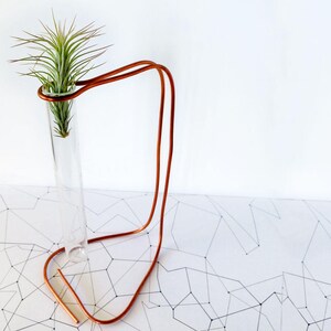 May include: A copper wire stand with a glass test tube holding a small air plant. The stand is on a white background with a geometric pattern.