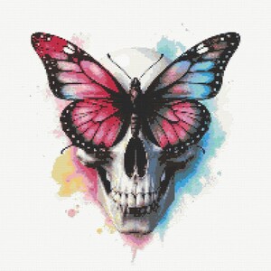 Anatomy Cross Stitch | Watercolour Skull & Butterfly | Instant PDF Download | Modern Counted Cross Stitch Designs