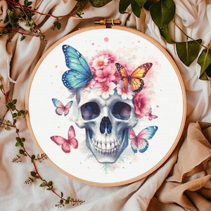 Anatomy Cross Stitch | Watercolour Skull & Butterflies | Instant PDF Download | Modern Counted Cross Stitch Designs
