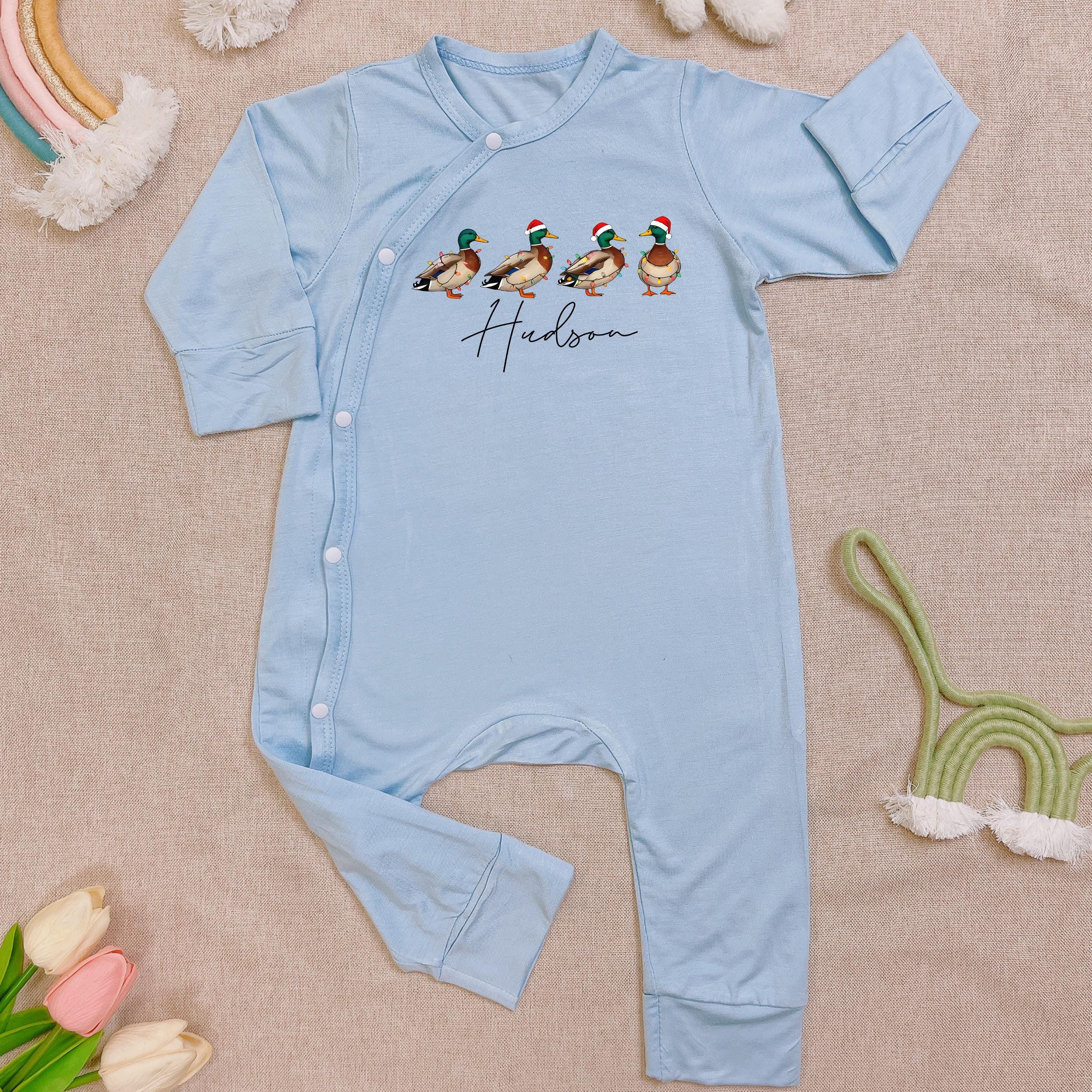Personalized Duck Christmas Baby Bodysuit, Custom Name Holiday Pajamas, Baby's First Christmas Sleepsuit, Mallard Duck Santa Hat Onesie