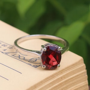 Natural Red Garnet Ring, Oval Cut Garnet Ring, 925 Sterling Silver Ring January Birthstone Ring, Dainty Garnet Ring Minimalist Gemstone Ring