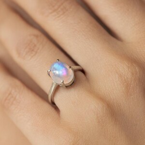 Rainbow Moonstone Solitaire Ring, 925 Sterling Silver Ring, Simple Oval Moonstone Ring Engagement Ring, June Ring  GiftforHer Statement Ring