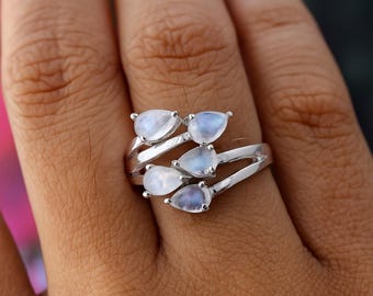 Anillo de piedra lunar arcoíris con talla de pera: Joyería de plata de ley con piedras preciosas