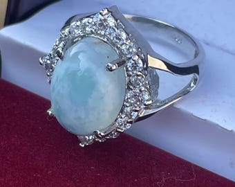 Oval Larimar Ring – Sterling Silver Halo, Blue Gemstone