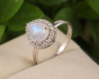 Anillo de piedra lunar arcoíris con corte de pera: halo art déco de plata de ley 925, 6 x 9 mm
