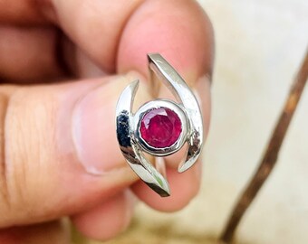 Ruby Ring: Sterling Silver Boho Jewelry, Red Gemstone 5 mm Round