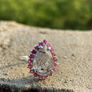 Pear Rutilated Quartz Ring with Pink Ruby Halo, Sterling Silver, 8x12 MM