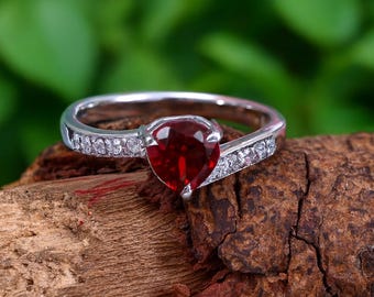 Heart Cut Red Garnet Ring: Sterling Silver January Birthstone Size,5 mm