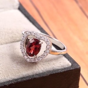 Natural Garnet Ring, 925 Sterling Silver Halo Ring, January Birthstone Ring, Red Garnet Engagement Ring, Dainty Stacking Ring, gift for her