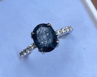 Schwarzer Rutilquarz Ring, Ovaler Edelstein, Sterling Silber
