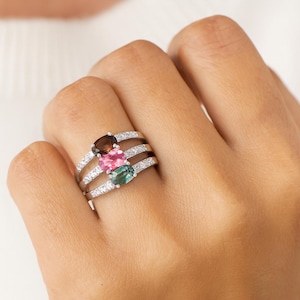 Multi Tourmaline Ring, 925 Sterling Silver Multi Tourmaline Eternity Ring Multi Color Tourmaline Three Stone Ring Dainty Multi Stacking Ring