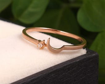 Crescent Moon & Star Ring: Rose Gold Plated Sterling Silver CZ Stacking Ring