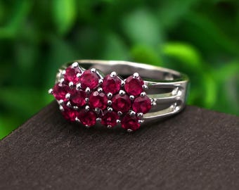 Rhodolite Garnet Cluster Ring - Sterling Silver Band, Pink Gemstone