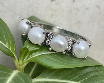 Dainty Cultured Pearl Ring: 925 Sterling Silver Engagement Ring