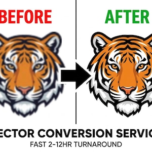 Peut inclure: Un graphique comparatif montrant une illustration de tête de tigre floue étiquetée BEFORE en rouge et une illustration vectorielle nette et haute résolution étiquetée AFTER en vert, avec le texte VECTOR CONVERSION SERVICE sous les images.