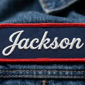 Pode incluir: Um emblema retangular bordado com o nome Jackson em letra cursiva branca sobre um fundo azul escuro, contornado por uma borda vermelha espessa, fixado em uma jaqueta jeans azul com um botão marrom visível no canto superior.