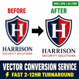 May include: A vector conversion service graphic showing a pixelated shield logo labelled BEFORE and a crisp, high-resolution version labelled AFTER. The shield features a white letter H on a split navy blue and red background with the text HARRISON SECURITY SOLUTIONS below. The bottom banner reads VECTOR CONVERSION SERVICE FAST 2-12HR TURNAROUND.