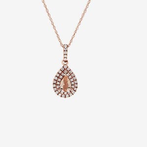 Pear Morganite 14K Rose Gold Pendant Necklace: Diamond Halo, 925 Silver Chain