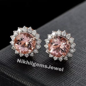 Morganite Earrings, Genuine Peach Morganite Round Shape Silver 18K Rose Gold Plated Stud Earrings, Bridesmaid Gifts, Minimalist Earrings