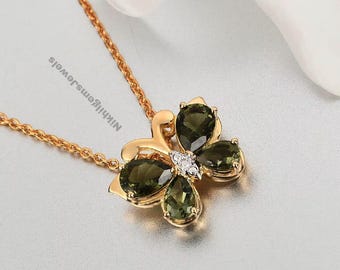 Moldavit Schmetterling Anhänger Halskette für Frauen in Sterling Silber mit Gelbgold Vermeil, Moldavit Schmuck Facettierten Schmuck Cut Moldavite
