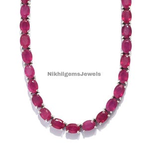 Ruby Tennis Necklace: Platinum Plated Sterling Silver, July Birthstone