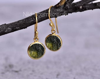 Raw Moldavite Sterling Silver Dangle Earrings: Genuine Czech Crystal