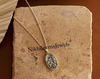 Natural Pyrite Sterling Silver Pendant: Handmade Oval Necklace