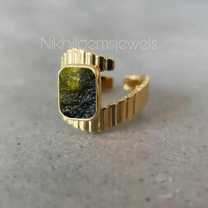 Natural Raw Moldavite Gemstone Silver Ring in Sterling Silver | Hexagon Shape Moldavite Ring | Adjustible Ring | Wedding & Anniversary Ring