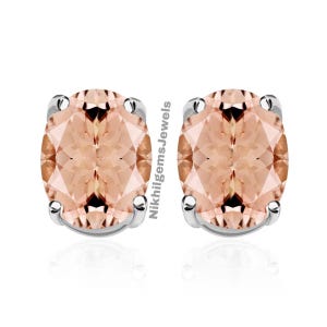 Morganite Earrings, Genuine Peach Morganite Oval Shape Silver 18K Rose Gold Plated Stud Earrings, Bridesmaid Gifts, Minimalist Earrings