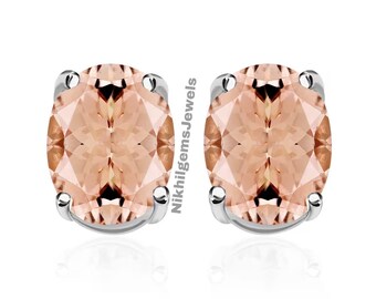 Peach Morganite Stud Earrings: 18K Rose Gold Plated Sterling Silver