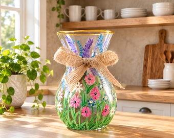 Op de afbeelding: Een doorzichtige glazen vaas met een uitlopende rand en een goudkleurige afwerking, voorzien van handgeschilderde roze, witte en blauwe bloemen met groene stelen. Een beige jute lint is in een strik om de hals van de vaas gebonden.