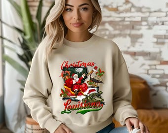 Louisiana Christmas Sweatshirt, Funny Alligator Santa Sweater, Pelican Holiday Pullover, Southern Xmas Gift