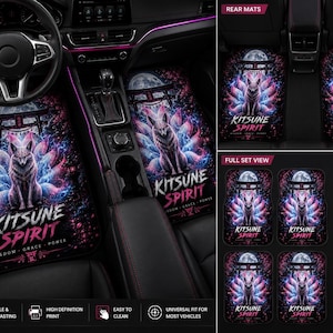 May include: A set of four car floor mats featuring a graphic of a nine-tailed fox sitting beneath a torii gate and a full moon. The design includes the text KITSUNE SPIRIT WISDOM GRACE POWER in white and pink lettering against a dark background.