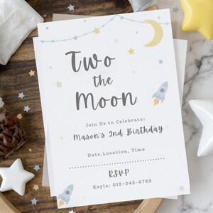 Faire-part 2e anniversaire « Deux la lune » | Modèle de toile | Thème de l'espace | Téléchargement numérique | Faire-part pour enfants de 5 x 7 po.
