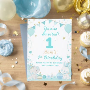 Invitation 1er anniversaire garçon modifiable | Thème animal bleu | Modèle de toile | Téléchargement numérique | Invitation anniversaire 5 x 7 | Accès instantané