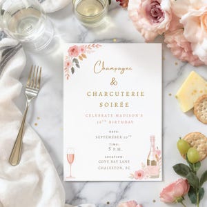 Faire-part d'anniversaire champagne et charcuterie | Modèle de toile | Soirée élégante | Téléchargement numérique | Faire-part de 5 x 7 po.