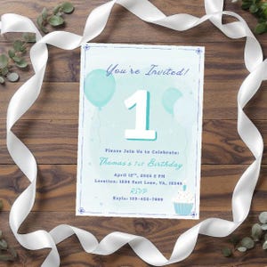 Invitation 1er anniversaire modifiable garçon | Ballon bleu et thème cupcake | Modèle de toile | Fête d'un an | Téléchargement numérique de 5 x 7 po.