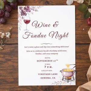 Invitación de cumpleaños para una noche de vino y fondue • Plantilla editable de Canva • Elegante invitación digital para una fiesta de adultos • Descarga instantánea