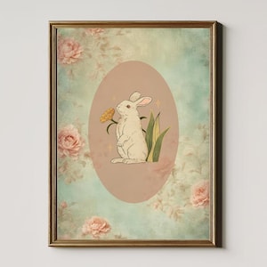 Vintage Bunny Floral Wall Art Printable,Cottage Rabbit Nursery Decor,Spring Animal Illustration,Soft Paste,Baby Room Decor,Instant Download
