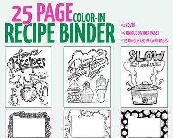 Printable Recipe Binder Pages - Color-in recipe binder Coloring Book for Adults - digital download
