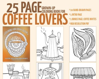 Adult Coloring Pages - PDF eBook - 25 Coffee Colouring Pages for Adults: Coloring For Coffee Lovers (Printable Version)