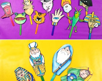 Passover Puppets PUPPETS full color Duo - printable Pesach character and ten plagues makkot puppets - a Pesach game and toy for kids