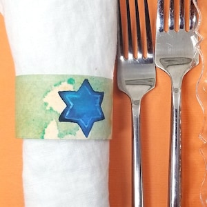 Star of David Napkin Rings for Hanukkah or Bar Bat Mitzvah Printable Chanukah Table Decor with watercolor art Judaica Paper Napkin Wraps image 1