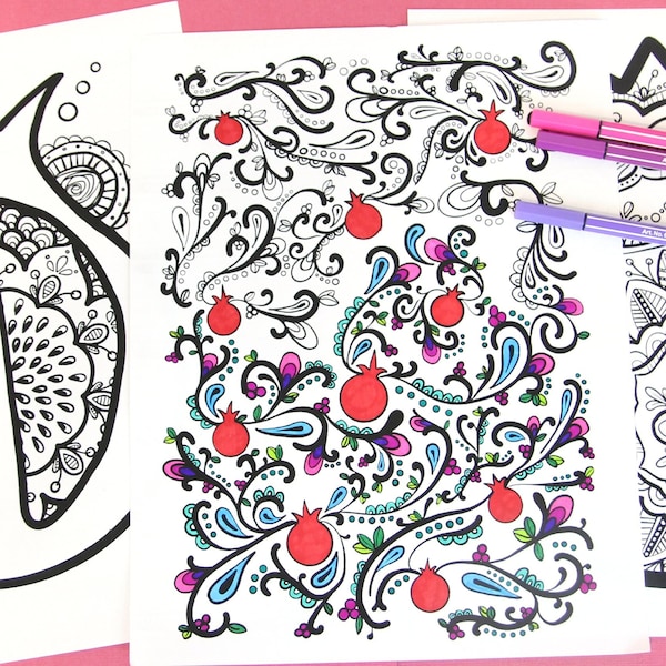 6 Pomegranate Coloring Pages for Adults |  Printable Rosh Hashanah and Sukkot Colouring for grown-ups | Instant Digital Download