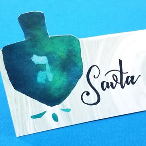 Dreidel Place Cards for Hanukkah - Printable Chanukah Table Decor with aquarelle art