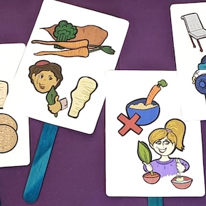 Quattro domande di Pasqua Cartoline di suggerimento a colori / Pesach stampabile per bambini in età prescolare / Marionette di Mah Nishtanah per un mestiere Haggadah per bambini