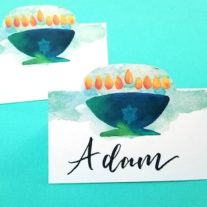 Menorah Place Cards for Hanukkah - Printable Chanukah Table Decor with aquarelle art